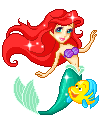 a pixel art illustration of ariel from the little mermaid swimming with a fish .