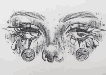 a black and white drawing of a woman 's face with tears coming out of her eyes and a smiley face .