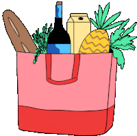 a pink bag filled with groceries including a bottle of wine and a pineapple