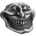 a black and white drawing of a troll face with a huge smile .