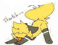 a cartoon drawing of a yellow fox stretching his legs .