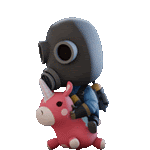 a cartoon character wearing a gas mask is riding on the back of a pink stuffed animal .