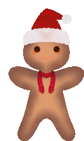 a gingerbread man is wearing a santa hat and scarf .