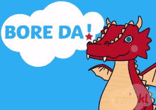 a picture of a dragon with a cloud that says bore da on it