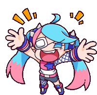 a pixel art illustration of a girl with blue hair and pink ears .