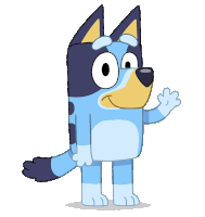 a blue dog with a yellow nose is waving