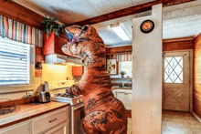 a t-rex is standing in a kitchen near a clock