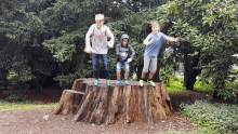 three young boys jumping on a tree stump one of whom is wearing a hoodie that says ' tokyo '