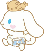 a cartoon illustration of cinnamoroll holding a camera and a teddy bear on its head .