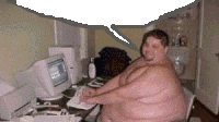 a fat man is sitting in front of a computer with a speech bubble above his head