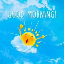 a cartoon sun is flying through the clouds with the words good morning below it