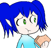 a cartoon girl with blue hair and green eyes holding a piece of bread