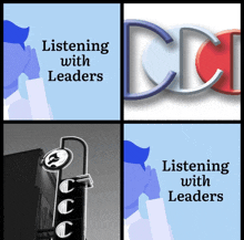 a poster for listening with leaders shows a building and a sign