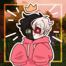 a drawing of a person wearing a pink hoodie with a crown on his head