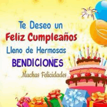 a birthday card with a cake , balloons , gifts and a wish in spanish .