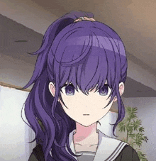 a girl with purple hair and blue eyes is wearing a sailor suit and ponytail .