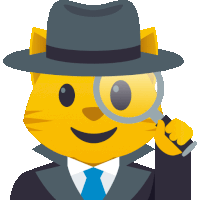 a yellow cat wearing a hat and tie is holding a magnifying glass