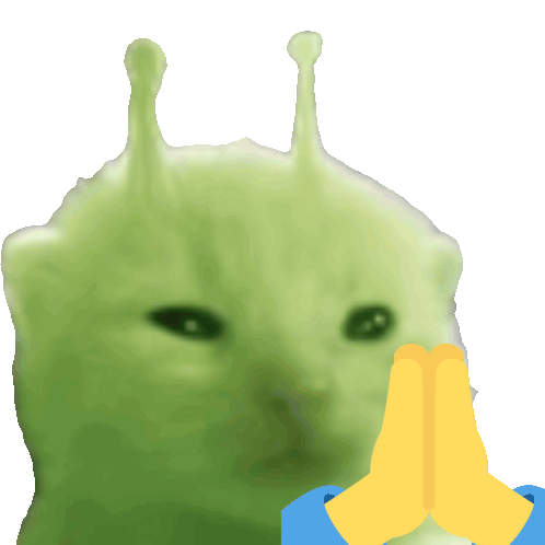 a picture of a green cat with a yellow hand behind it