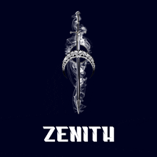 a zenith logo with a sword and tiara on a dark background