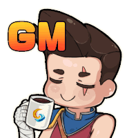 a cartoon of a man holding a cup of coffee with the word gm behind him