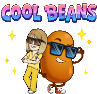 a cartoon illustration of a woman and a bean with the words cool beans below them