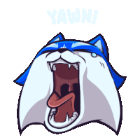 a cartoon drawing of a husky with its mouth wide open and the word yawn behind it