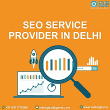 an advertisement for a seo service provider in delhi with a magnifying glass