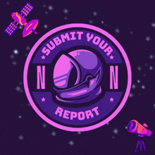 a purple and pink badge that says submit your report