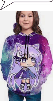 a girl is wearing a purple hoodie with a cat on it .