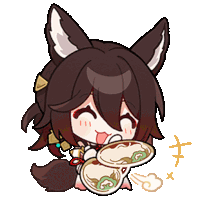 a cartoon drawing of a girl with fox ears holding two plates of food