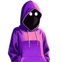 a person wearing a purple hoodie with a black face and white eyes