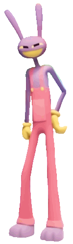 a cartoon character with a purple head and pink overalls