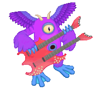 a purple monster with horns and wings is holding two guitars