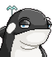 a pixel art illustration of a killer whale with a palm tree on its head .