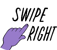 a purple hand pointing to the word swipe right on a white background