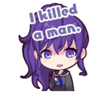 a girl with purple hair and blue eyes is holding a gun and saying `` i killed a man '' .