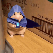 a hamster wearing a blue cape and a hood is standing next to a cardboard box .