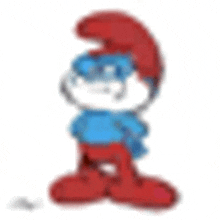 a smurf wearing a red hat and glasses is standing on a white background .