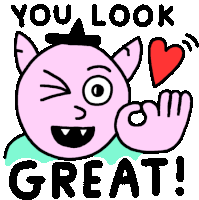 a cartoon drawing of a devil with a heart and the words " you look great "