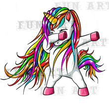 an illustration of a unicorn with rainbow hair and the word fun art behind it