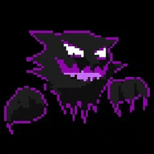 a pixel art of a black cat with purple eyes and claws .