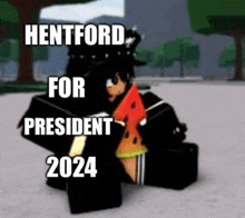 a girl in a black outfit is holding a slice of watermelon and says hentford for president 2024