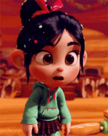 a cartoon character with a surprised look on her face is wearing a green hoodie