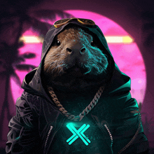 a painting of an otter wearing a hooded jacket