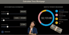 a man is looking at a screen that says calculate your mortgage on it