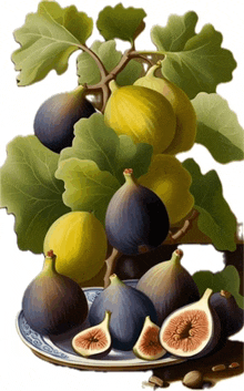 a bunch of figs on a plate with leaves