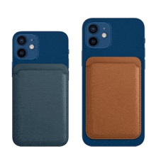 a blue iphone with a brown leather wallet on the back