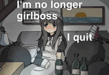 a girl in a maid outfit is sitting on a couch holding a bottle of wine .