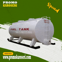 a fuel tank is displayed on a green and white background