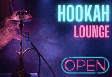 a hookah lounge sign that is neon lit